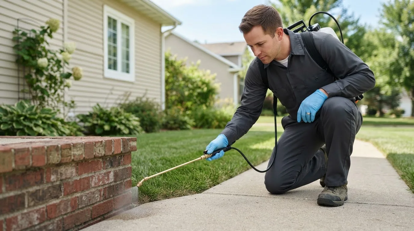 Pest control technician treating a home near Nappanee, IN